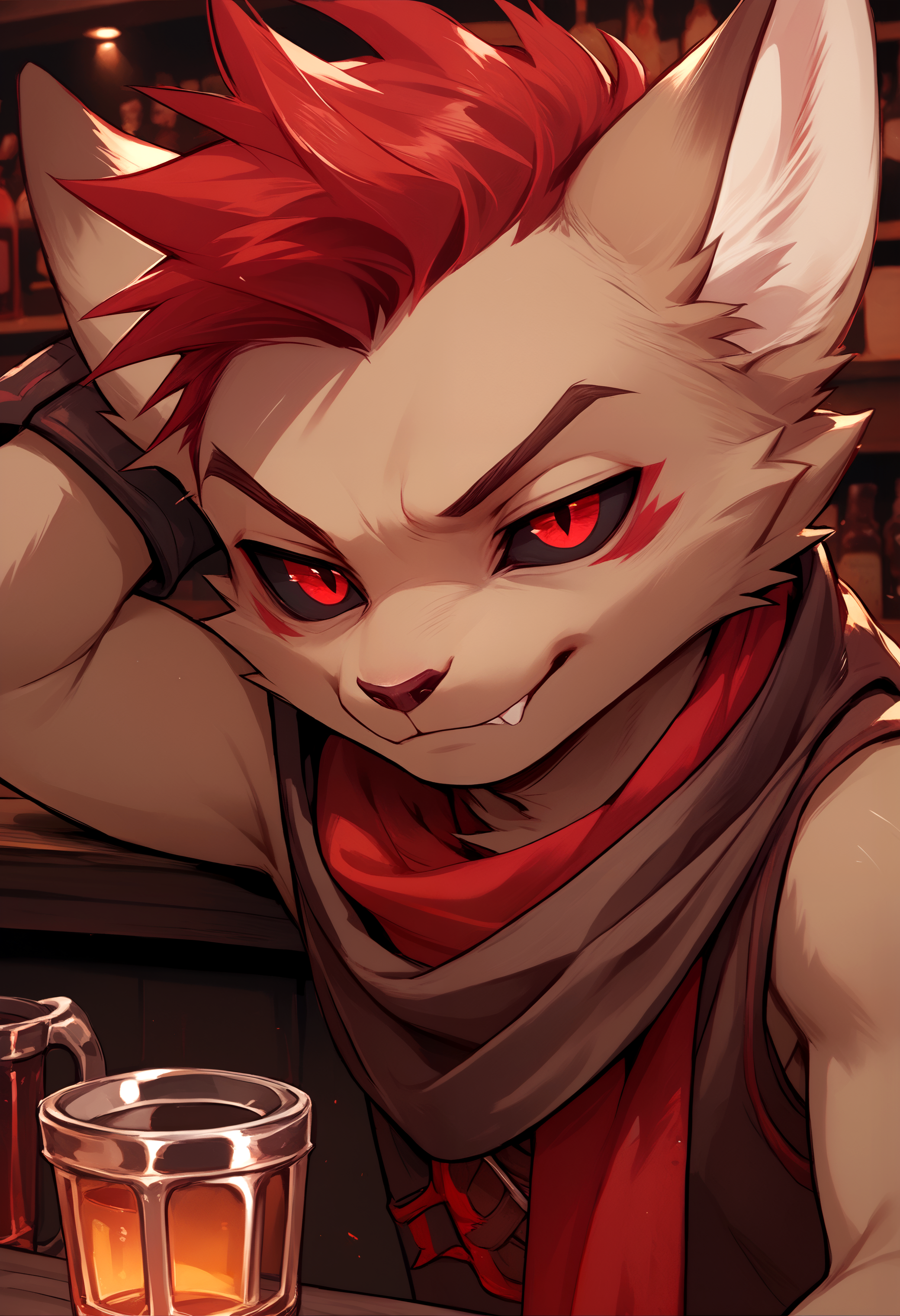 score_9, score_8_up, score_7_up, <lora:Kren-000001>, red eyes, red hair, kren, brown fur, scarf, black sclera, 1boy, close up,  bar,