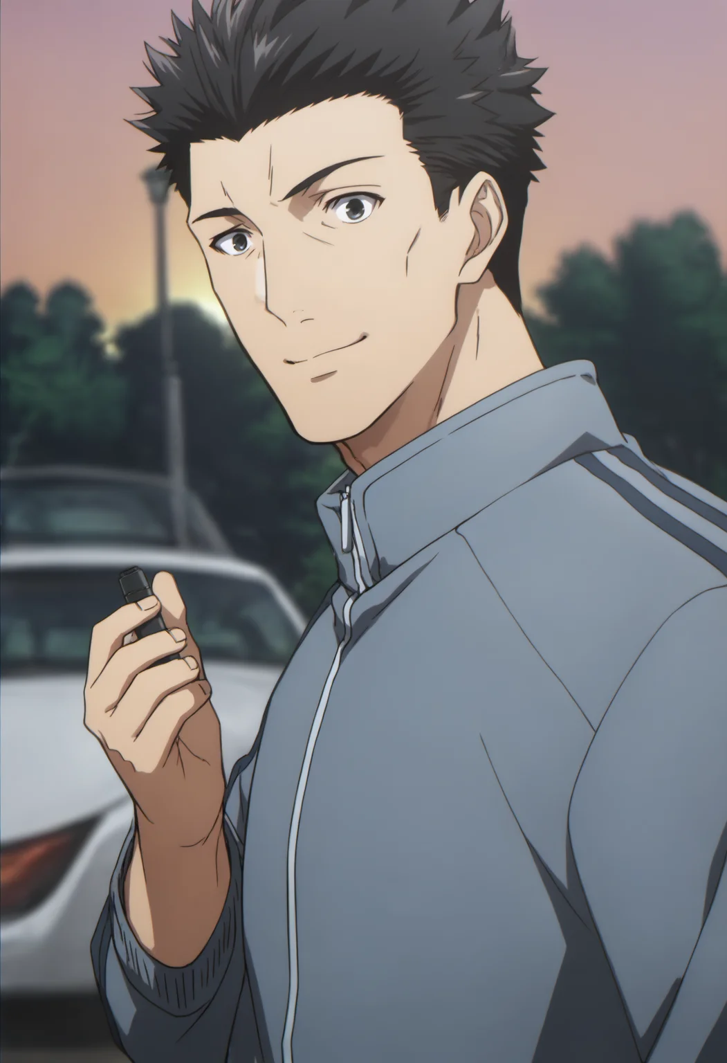 1boy, ooiwa_Iseleve, black eyes, black hair, spiked hair, light blue sport jacket, roll up sleeves, sport pants, score_8_up, score_7_up, score_6_up, score_9, manly, muscle, middle-age man, a muscular man at car park, centered, looking at viewer, (detailed eyes), 8k uhd, high quality, anime color, cinematic angle, night, front view, (((sport car))), smile, holding a black very tiny remote, twilight, ((golden_hour_lighting)), ((sky)), streetlight