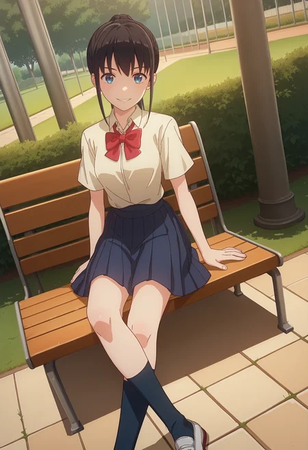 score_9, score_8_up, score_7_up, anime screencap, source_anime, 1girl, solo,
<lora:Airi_Sega_Iya_na_Kao_sare_nagara_Opantsu_Misete_Moraitai_V2:.85>, KJOairi, blue eyes, black hair, ponytail, bangs, sidelocks,
school uniform, black skirt, short sleeves,
Sitting, bench, crossed legs, smile, parted lips, dutch angle, 
sunny, park, sidewalk, stone floor, grass, tree, cloudy sky,
(Beautiful, medium Breasts:1.2),