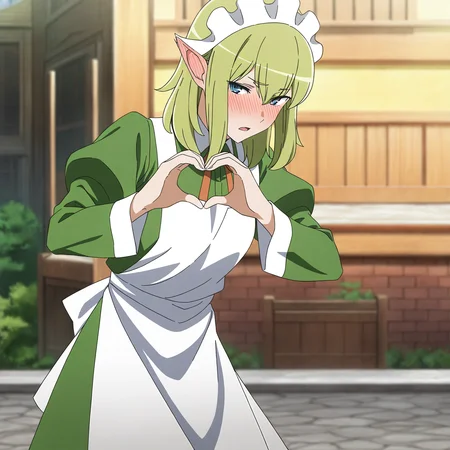 <lora:Ryu-000018:0.7>Ryu,solo,looking at viewer,green hair,medium hair,enmaided,maid headdress,facing down,ear blush,open mouth,heart hands,outdoors,standing,