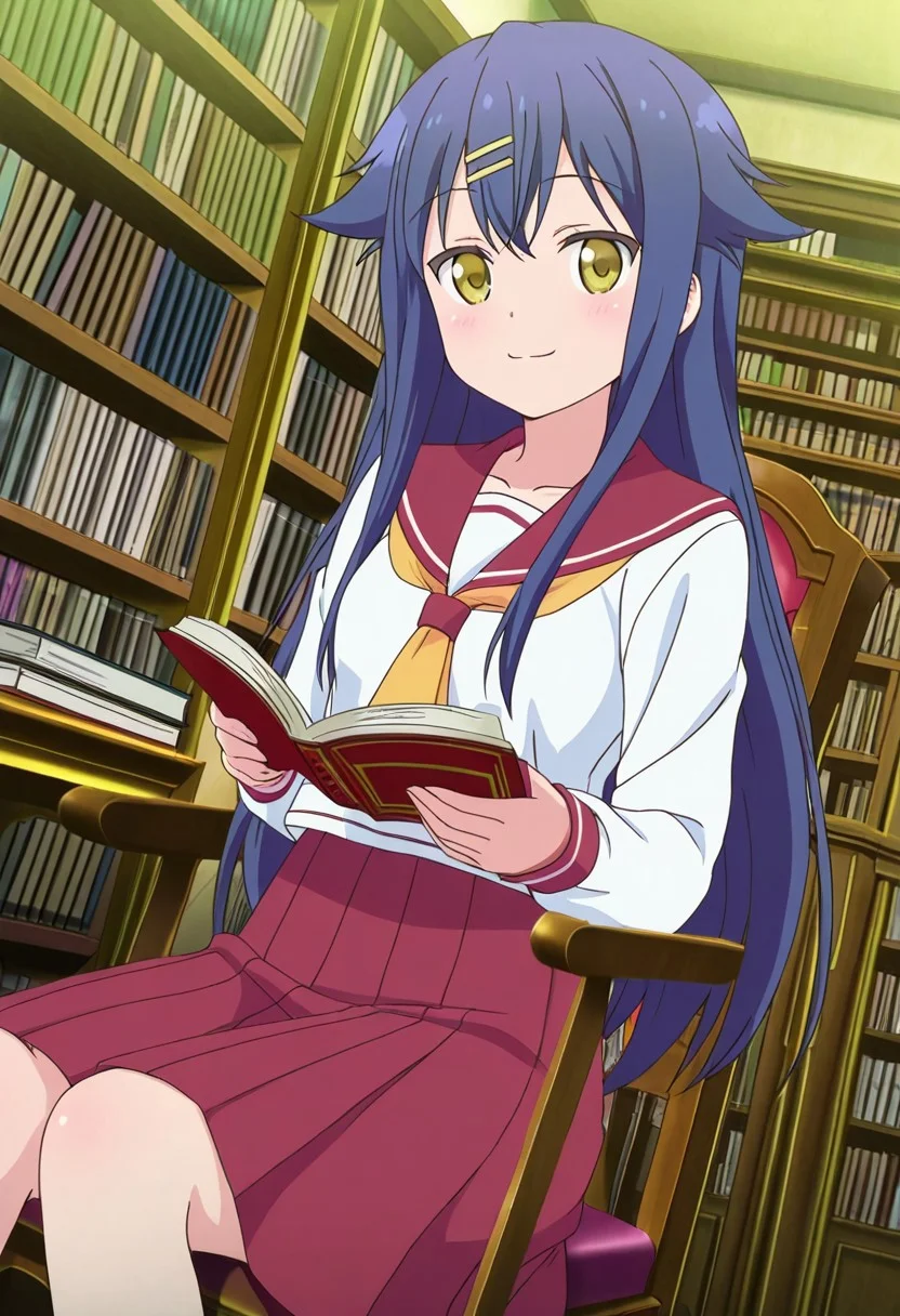 general,highres, ultra-detailed,very aesthetic,best quality ,best hands,best eyes,easynegative,
dynamic anglre, dutch angle, anime cloring,anime screencap,
1girl solo,looking at viewer, smile, reading book,sitting on chair, library,
Kuina NATSUKAWA,blue hair, long_hair, hairclip, short body, yellow_eyes, small breasts,serafuku