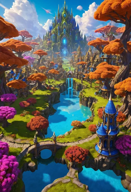 (masterpiece:1.5), unreal 8k wallpaper, unity 8k wallpaper, score 9, score 8 up, score 7 up, masterpiece_portrait, extreme quality, reflection, surface reflection, dynamic lighting, Cinematic style, cinematic quality, ((no humans, no people)), photorealistic, realistic, a spectrum of iridescent colors, precise, fractal design, flowing curves, precision, colorful, fractal geometry, harmonic interference, digital illustration, photo manipulation, altered realities, fantastical scenes, digital artistry, striking visuals, sharp focus, detailed background, light reflection, mythic, fantasy, A huge open valley in Warcraft, in the center of the valley is (massive Warcraft City), the (massive Warcraft City) has been here for a very long time, strange alien foliage has started to grow over it, when this (massive Warcraft City) was built no one knows it has long been forgotten, beautiful blue skies majestic clouds, strange alien trees dot the landscape, in the sky you can see a massive moons is all inspiring and a little frightening, the valley is also covered in beautiful multicolored flowers and multicolored trees, no life can be seen anywhere, 3D, metallic reflection, massive Warcraft City, the vast World of Warcraft, close up,