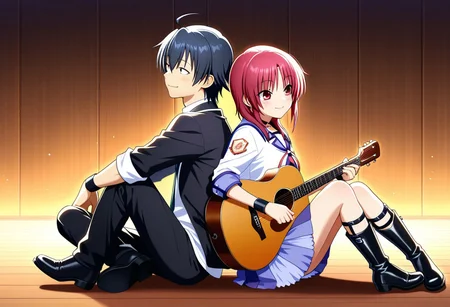 <lora:AngelBeats_Iwasawa-v1-07:0.6>, <Hikigaya_Hachiman_-_Oregairu_(IL)_v1>masterpiece, 1girl, ChopioIwasawa, Masami Iwasawa, //(Angel Beats!//) 1girl, 1boy, back to back, sitting, acoustic guitar, playing musical instrument, school uniform, sailor uniform, sleeves rolled up, black wristbands, black calf-high boots, orange guitar, pink-red hair, chin-length hair, long side locks, red eyes, smiling, cheerful, happy, messy black hair, black school blazer, white shirt, embarrassed, blushing, shy, looking away, dead fish eyes, anime style, wooden stage, warm lighting, dynamic pose, expressive, realistic proportions, full body, detailed background