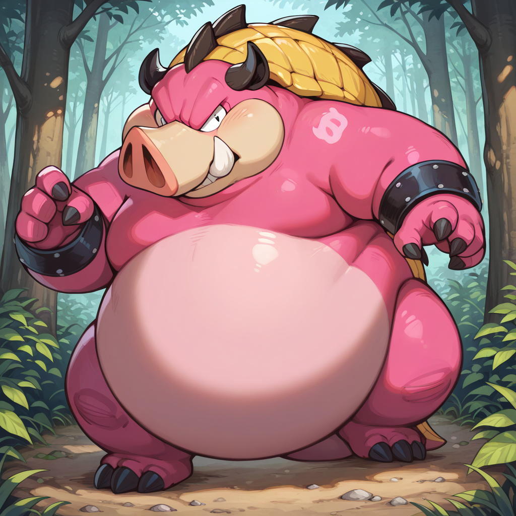 masterpiece, best quality, newest, absurdres, highres, safe,  <lora:Midbus_-_IL:1> midbus, pig, suid, armadillo, horns, fat, obese, pink skin, yellow scaly back, spikes, action pose, forest background, outside, (((shaded))), ((detailed)), ((vibrant)),  detailed background,<lora:NOOB_EPSv1_1_detailer_by_vlnvk_v1_0:1>
