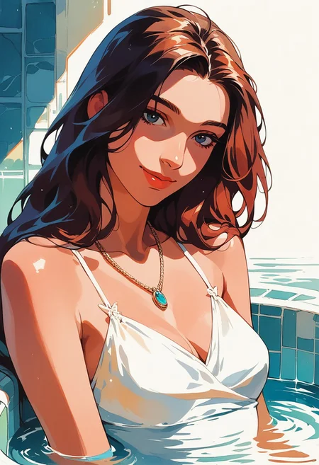 score_9, score_8_up, score_7_up, score_6_up, source_cartoon, 1girl, female, solo, femenine, petite, lean, pale skin,, soaking wet hair, smile, diaphonous white dress, bronze necklace, medium breasts, female focus, official style, close up, perfect anatomy, perfect face, standing, abstract beauty, beautiful, centered, looking at the camera, approaching perfection, dynamic, moonlight, highly detailed, watercolor painting, artstation, concept art, smooth, sharp focus, illustration, portrait