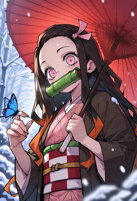 CuteToon_ST, masterpiece, best quality, very aesthetic, high resolution, ultra-detailed, absurdres, newest, detailed eyes, beautiful, perfect lighting, hi res, amazing quality, very awa, painting_(artwork), dynamic lighting, dynamic angle, dynamic pose, cinematic, gorgeous, 1girl, kamado nezuko, bit gag, japanese clothes, bug, bamboo, snowing, pink eyes, multicolored hair, pink kimono, oil-paper umbrella, black hair, snow, butterfly on hand, upper body, hair ribbon, gagged, sharp fingernails, forest, brown hair, haori, holding umbrella, blurry, nature, outdoors, pink ribbon, long sleeves, looking at viewer, forehead, rain, looking down