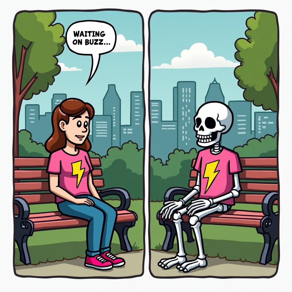 A two panel comic, the setting is a city park during the day. The first panel is a wide shot of a woman with a pink shirt with a yellow lighting bolt, sitting on a park bench, The second panel is a wide shot of a skeleton with a pink shirt with a yellow lighting bolt, sitting on a park bench, The text reads "Waiting on buzz...".