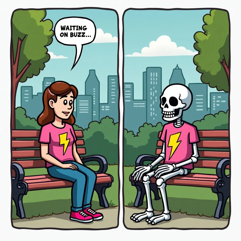 A two panel comic, the setting is a city park during the day. The first panel is a wide shot of a woman with a pink shirt with a yellow lighting bolt, sitting on a park bench, The second panel is a wide shot of a skeleton with a pink shirt with a yellow lighting bolt, sitting on a park bench, The text reads "Waiting on buzz...".