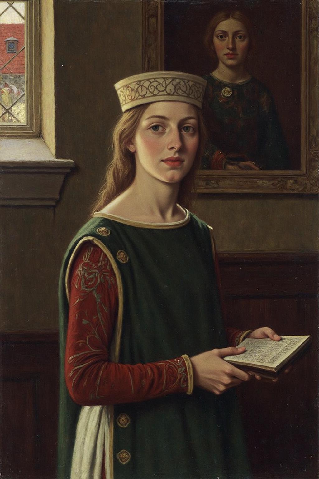 hopy1 illustration.
A young woman standing indoors in a dimly lit room. The woman, dressed in medieval attire. She wears a white, intricately patterned headpiece, a green robe with a red and gold border, and a white tunic underneath. Her long, light brown hair is styled in a simple, loose manner. There is a painting hanging on the wall behind her. <lora:hopy1_cap_d6a3e12:1.0><lora:826168403124517492:0>
