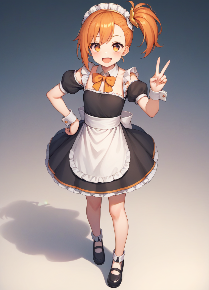 source_anime, score_9, score_8_up, score_7_up, score_6_up, score_5_up, score_4_up, 
1girl, solo, looking at viewer, blush, smile, open mouth, orange hair, dress, bow, bare shoulders, orange eyes, standing, full body, short sleeves, :d, frills, detached sleeves, shoes, puffy sleeves, black footwear, apron, black dress, side ponytail, puffy short sleeves, hand on hip, wrist cuffs, maid, maid headdress, v, strapless, waist apron, white apron, yellow bow, maid apron, frilled apron, orange bow, v over eye
<lora:misogiXL:1>
