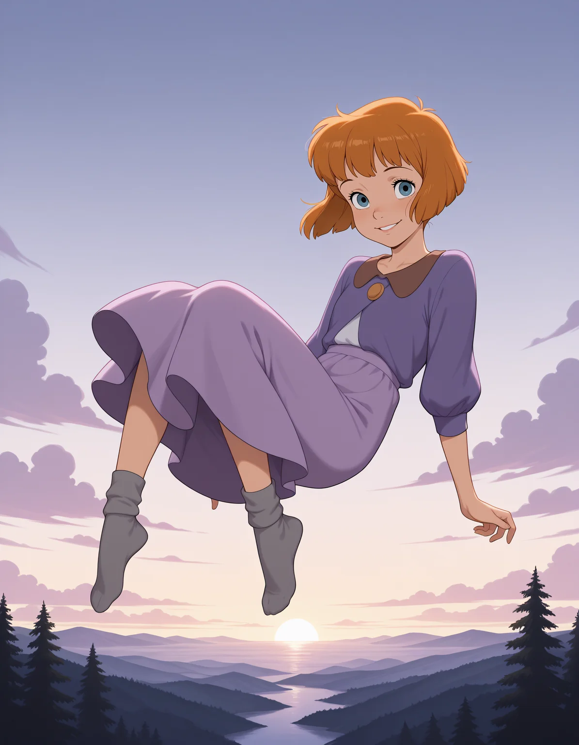 (masterpiece,best quality:1.2),amazing quality,very aesthetic,absurdres,newest,
1girl, solo, jane_darling_\(peter_pan\), short hair, blue eyes, purple dress, lilac long skirt, slouched socks, grey socks, no shoes,
full body, flying, mid-air, smiling, looking at viewer, outdoors, beautiful sea, trees
<lora:jane_darling_peter_pan_illustrious:1>