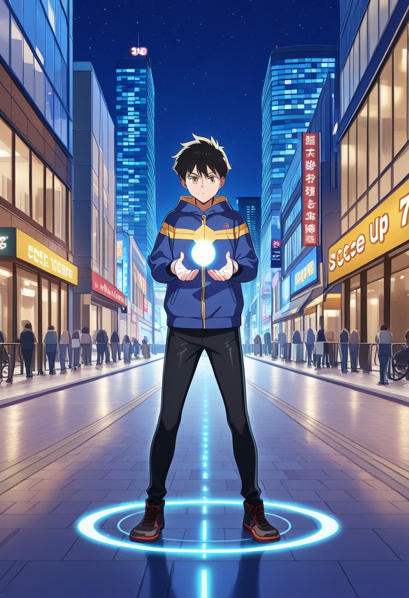 score_9, score_8_up, score_7_up, score_6_up, score_5_up, score_4_up, fullbody shot, score_9, score_8_up, tight clothes, source_anime, highly detailed, 1boy, solo, male_focus, Koichi Haimawari, blue hoodie, standing, glowing circles in hands, city street, nighttime