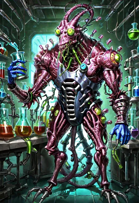 a fleshmutant cybermutant creature with tubes on its body standing in a laboratory and holding a beaker,art by llbreton