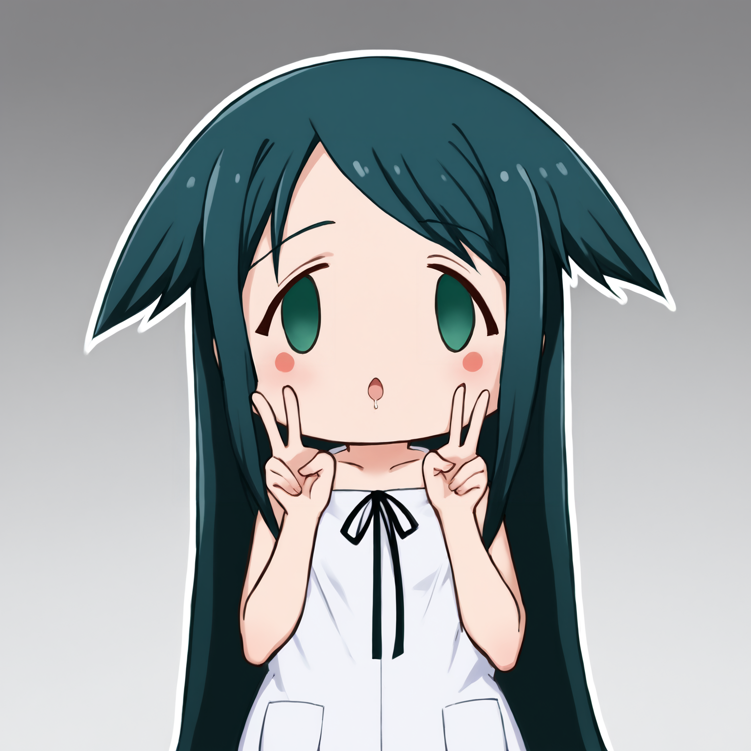 score_9, score_7_up,  source_anime, uncensored, zPDXLxxx, <lora:intricate_details:0.5> intricate_details_xl, gradient background, (powerful:1.5) strawberry background, face focus
<lora:Saya_No_Uta_v1.0:1> Saya, saya_(saya_no_uta), long hair, dress, green eyes, bare shoulders, sundress, sleeveless dress, white dress, green hair, blue hair, collarbone, ribbon, hair flaps, hands up, double v
<lora:Faces_of_People_FX_Meme_v1.0:1> face of the people who sank all their money into the fx (meme), chibi, chibi inset, arrow