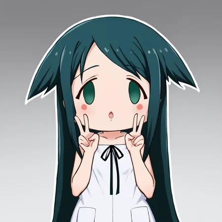 score_9, score_7_up, source_anime, uncensored, zPDXLxxx, <lora:intricate_details:0.5> intricate_details_xl, gradient background, (powerful:1.5) strawberry background, face focus
<lora:Saya_No_Uta_v1.0:1> Saya, saya_(saya_no_uta), long hair, dress, green eyes, bare shoulders, sundress, sleeveless dress, white dress, green hair, blue hair, collarbone, ribbon, hair flaps, hands up, double v
<lora:Faces_of_People_FX_Meme_v1.0:1> face of the people who sank all their money into the fx (meme), chibi, chibi inset, arrow