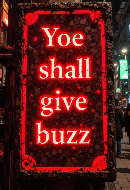 An ancient stone slab with glowing red text that reads "Ye shall give buzz"