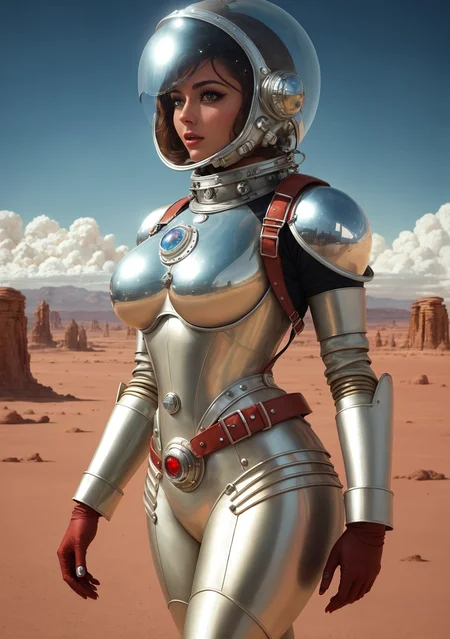 sexy woman polished aluminum suit desert moon landscape jetpack glass dome helmet perfect hair (AtomPunkStyleSD15:1.0)
(masterpiece:1.5) (painting:1.1) (best quality) (detailed) (intricate) (8k) (HDR) (wallpaper) (cinematic lighting) (sharp focus)