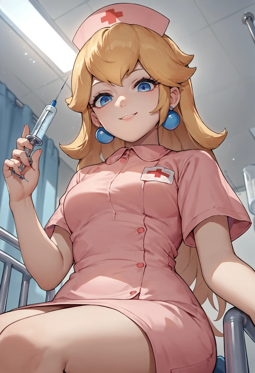 score_9, score_8_up, score_7_up, source_anime, 1girl, <lora:PrincessPeach_XLPD:0.8>, IncrsPchNurse, long hair, pink dress, short sleeves, hat, nurse cap, jewelry, earrings, needle, holding needle, sitting, hospital bed, hospital, evil smile, upper body, taker pov, on thighs, from below,