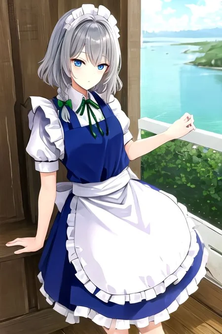 Sakuya, maid headdress, izayoi sakuya, braid, twin braids, grey hair, short hair, sakuya, solo, looking at viewer, bow, blue eyes, hair bow, green bow, bangs, maid, puffy sleeves, short sleeves, apron, dress, blue dress