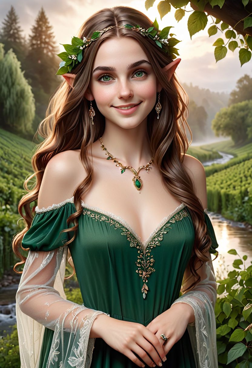 1girl, mid 20s, long flowing brown hair, kind eyes, highly detailed eyes, round face, highly detailed face facial expression smile, collarbone, detailed hands, detailed fingers, medium breasts, green elven dress, hair decoration, jewelry, full body in frame
BREAK
Realistic, HD, insane detail, outdoors, surrounded by trees and vines, cloudy skies, fog in bottom of frame, stream in background, sunrise, Style-GHL, masterpiece, highres, high quality, best quality, ultra high quality, uhd, attention to detail, depth of field,
