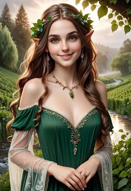 1girl, mid 20s, long flowing brown hair, kind eyes, highly detailed eyes, round face, highly detailed face facial expression smile, collarbone, detailed hands, detailed fingers, medium breasts, green elven dress, hair decoration, jewelry, full body in frame
BREAK
Realistic, HD, insane detail, outdoors, surrounded by trees and vines, cloudy skies, fog in bottom of frame, stream in background, sunrise, Style-GHL, masterpiece, highres, high quality, best quality, ultra high quality, uhd, attention to detail, depth of field,
