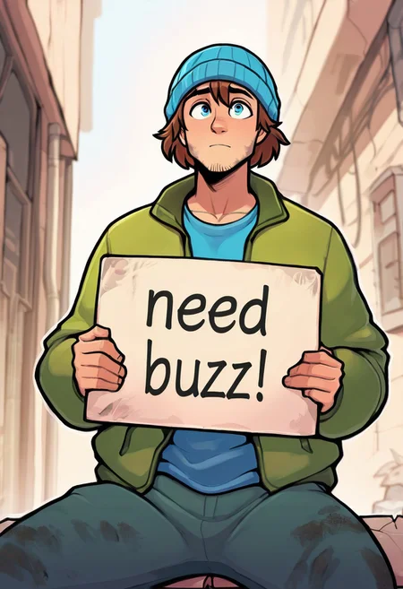 masterpiece,best quality, 2D, 1boy, brown hair, short hair, blue eyes, stubble, blue beanie, green jacket, blue shirt, dirty clothes, outside, alleyway, sitting, need_buzz, holding sign