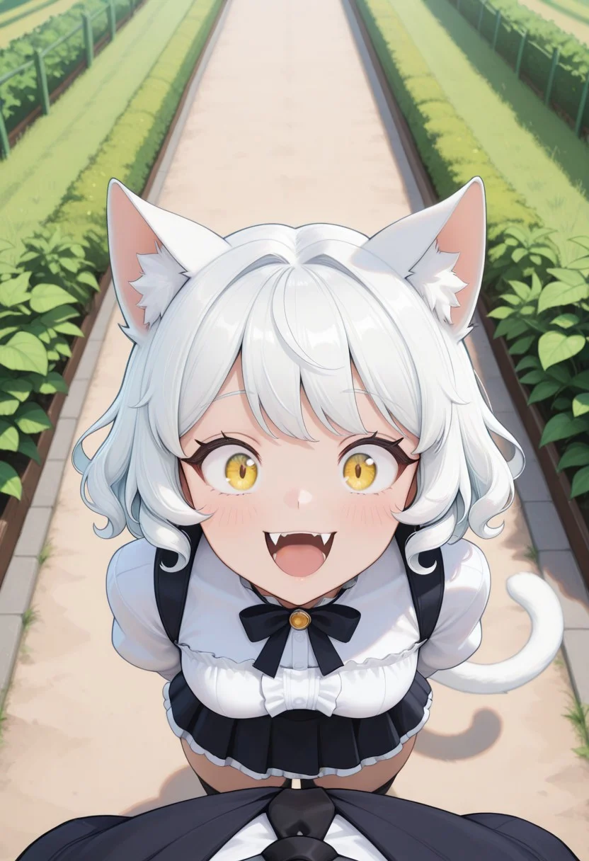 1 girl, cat girl, white hair, short hair, curly hair, bangs, animal ears, white ears, white cat tail, yellow eyes, split pupils,
open mouth, fangs,
black meido outfit, white appron, white frills, black tie, miniskirt, zentai reukku, black thiethies,
looking at you with hope, excited,
 outside, day, rural Japan area, green plants, garden,
from above, face focus,
HateIsOn,
masterpiece, best quality, newest, absurdres, highres, ,amazing quality, (masterwork, masterpiece, best quality, hyper-detailed, 8k uhd::1.4),
, masterpiece,best quality,amazing quality,very aesthetic,high resolution,ultra-detailed,absurdres,newest,