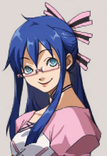 score_9, score_8_up, score_7_up, source_anime, BREAK, solo, 1girl, looking at viewer, smile, <lora:Midori-pdxl_Fp:1>, midoridesu, blue eyes, blue hair, long hair, glasses, hair ribbon, pink dress, ribbon, <lora:P2-Protraits-pdxl_Fp:1>, portrait, simple background,