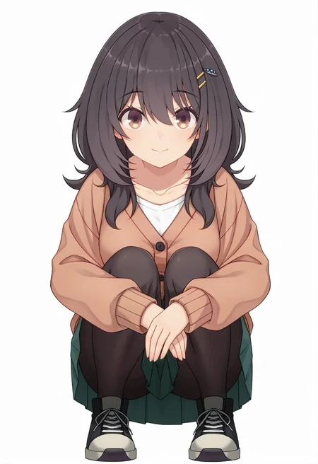 <lora:Mako KAWAI_illustrious-000052:1>,
Mako KAWAI,solo,pantyhose,skirt,full body,smile,shoes,white background,simple background,looking at viewer,hair ornament,pleated skirt,black pantyhose,sneakers,cardigan,long hair,green skirt,straight-on,long sleeves,closed mouth,shirt,white shirt,collarbone,tachi-e,squatting