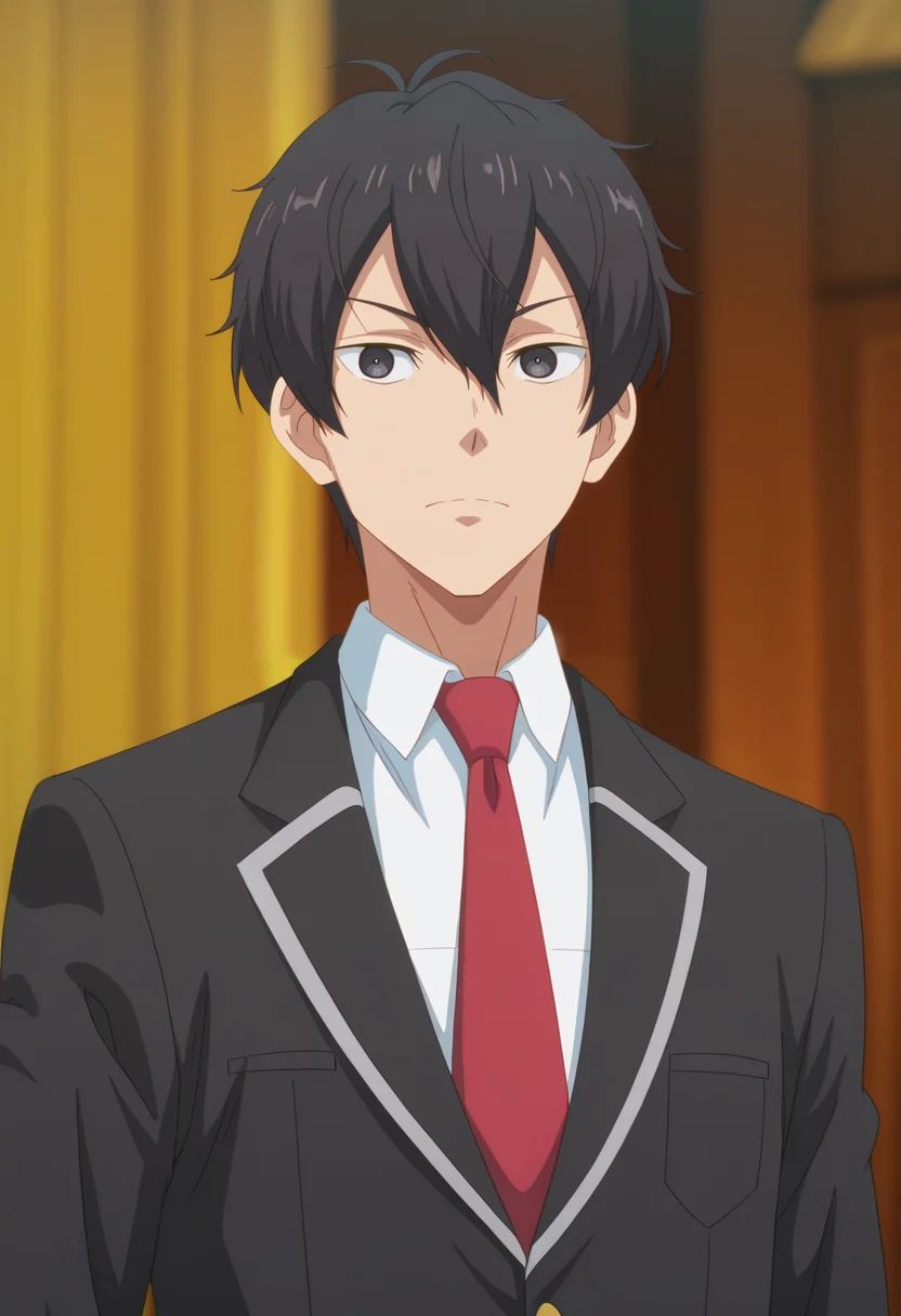 masterpiece, best quality, amazing quality,high resolution,intricate details,official style,depth of field,anime coloring , , , 1boy, solo, male focus, <lora:Leon_Fou_Bartfort:0.90>,leon fou batfort,black hair,black eyes,short hair,school uniform,upper body,black jacket,white shirt,collared shirt,necktie,confident