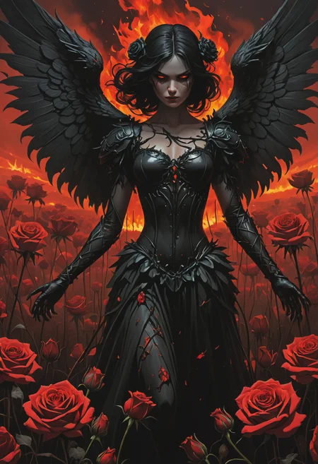 horror-themed Radiant beautiful dark angel stands amidst a field of flaming roses at night, aglow with fire, the roses ethereal form exudes a sense of calm and tranquility in the face of the furious inferno, dark theme, distortion for emotional effect, captures feeling over (form:1.05), style of Artgerm and Ilya Kuvshinov, . eerie, unsettling, dark, spooky, suspenseful, grim, highly detailed
