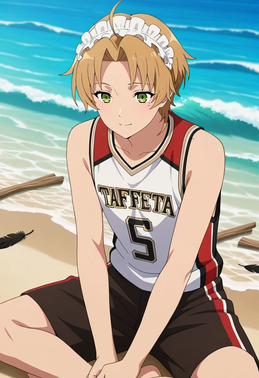 masterpiece, best quality, intricate details, anime screencap, anime coloring, official style, , 1boy, solo, male focus, <lora:rudeus_greyrat_ilxl:0.94>, rudeus_greyrat, blonde hair, green eyes, short hair, bangs, parted bangs, ahoge, mole under eye, , quiet beach, scattered driftwood, distant ships, soft waves, meditating pose, serene expression, golden horizon, Taffeta Teal Carpenter shorts, Sleeveless basketball jersey, , Feathers headdress,
