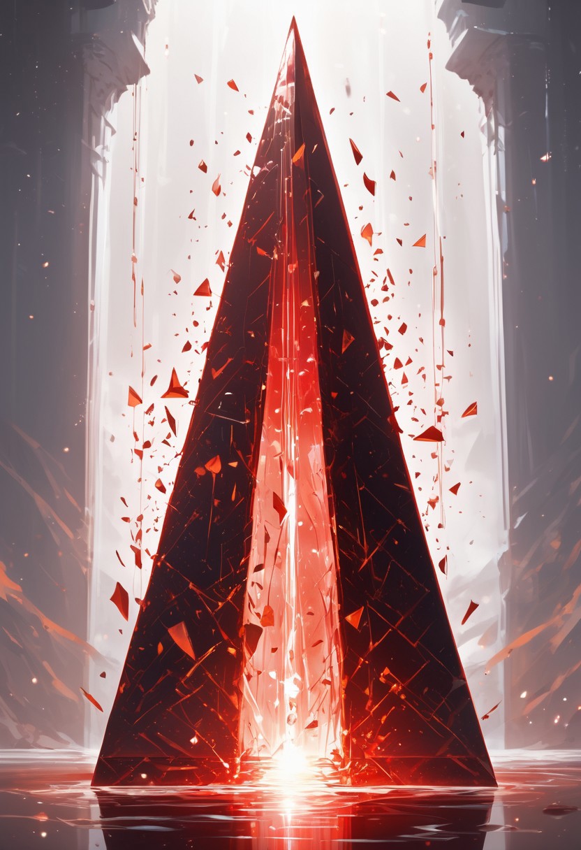 (masterpiece), best quality, Symphtia-Style, Anime, (Floating Pyramid, Dripping Liquid), White Background, No Humans, White and Red Theme, (Ancient Runes, Glowing Runes, Light Refraction), Above A Pillar, Symphtia-Style, Zyrnox-Exoterra Style