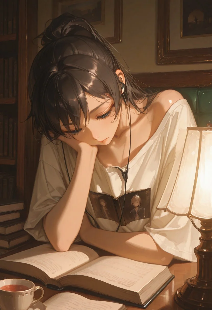 masterpiece, best quality, very aesthetic, absurdres, (anime coloring:1.2), dynamic lighting, ambient light, soft light, usnr, artist:moriimee, line art,
1girl, 18yo, upper body, japanese, student, high ponytail, wearing earphones, oversized tshirt, one shoulder off, sitting, office desk, opend book, tilted head, resting her head on one hand, lamp, stacks of books, tea, looking at the book, looking down, shiny skin, pale skin, detailed eyes, tilted view, indoors, cozy room,
high detail, sharp shading, centered composition, soft shadows