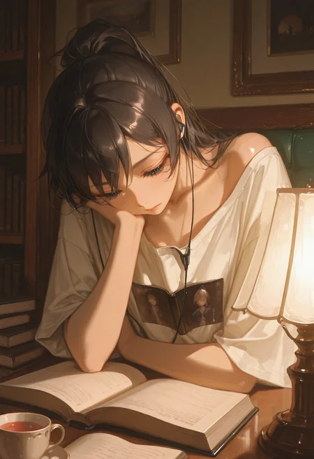 masterpiece, best quality, very aesthetic, absurdres, (anime coloring:1.2), dynamic lighting, ambient light, soft light, usnr, artist:moriimee, line art, 
1girl, 18yo, upper body, japanese, student, high ponytail, wearing earphones, oversized tshirt, one shoulder off, sitting, office desk, opend book, tilted head, resting her head on one hand, lamp, stacks of books, tea, looking at the book, looking down, shiny skin, pale skin, detailed eyes, tilted view, indoors, cozy room, 
high detail, sharp shading, centered composition, soft shadows