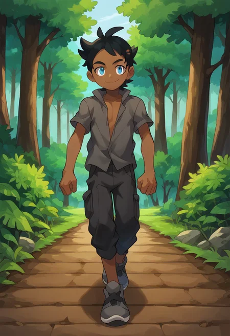Safe_pos, 8k, score_9, score_9_up, score_9_up, portrait, ((masterpiece)), ((best quality)), ((ultra-detailed)), ((absurdres)), HD, top quality, best quality, amazing quality, High-quality illustrations, dynamic angle, source_anime, best aesthetic, perfect proportions, perfect eyes, perfect anatomy, thick outline, black outline, full body, dynamic pose, male focus, 1boy, (masterpiece), solo, Goh, black hair, blue eyes, dark skin, gray open shirt, black open pants, grey shoes, smile, walking, forest pathway, sunny day, adult, grown up, TAKK, Draugnut, Draugnut style, Big feet, VonBoche