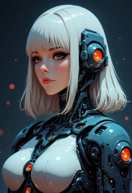 in the style of ck-ncr, in the style of ckcc, female sci-fi android warrior, straight-cut bob, detailed white ceramic robot face, dark eyeshadow, red lips, robot joints and cables, dark blue reflective armour, dark background, bokeh, side view