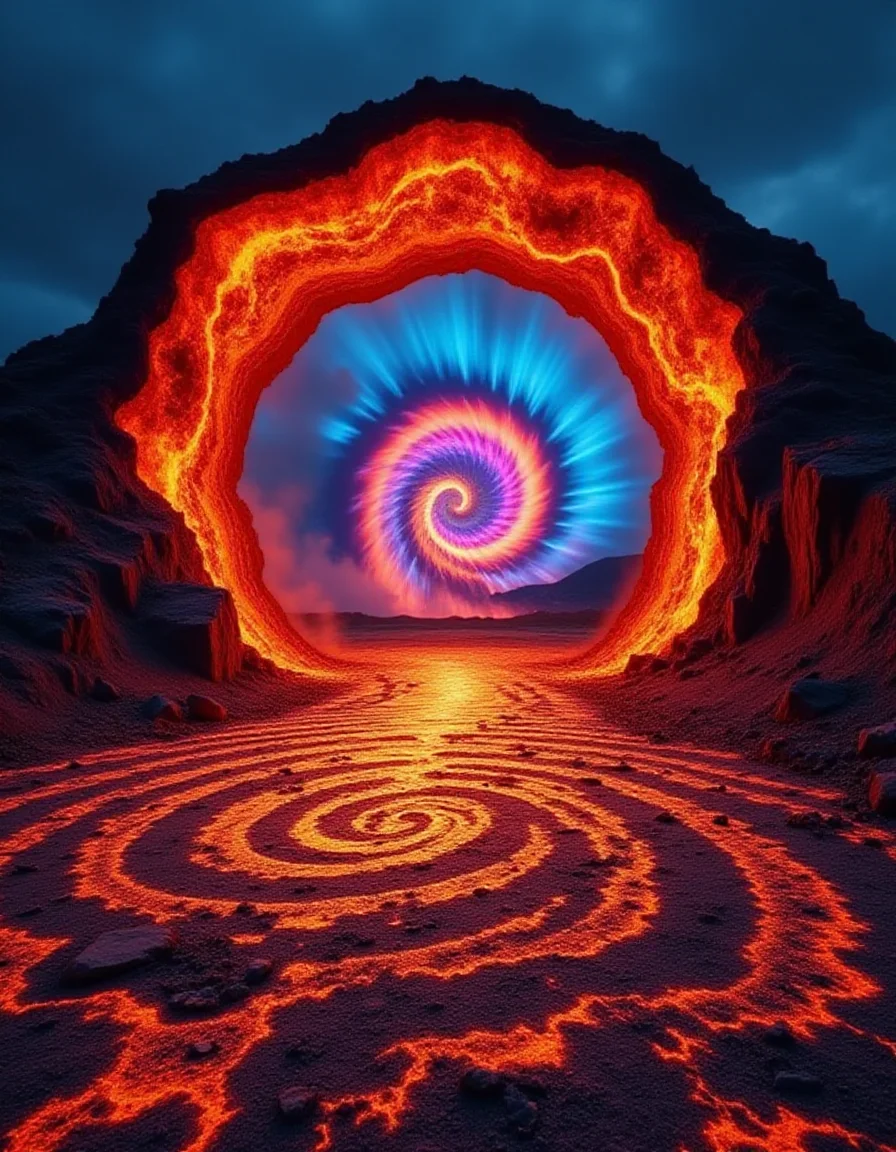 A massive gateway made entirely of burned patches stands in the center of a glowing tundra. The archway is shaped like a flowing aurora, its charred edges trailing iridescent streams of light. Within the gateway, a vortex of swirling ash and fire glows with psychedelic colors, revealing glimpses of surreal landscapes. The ground beneath the gate is scorched with concentric spirals that radiate outward like ripples.
<lora:ral-brndptch_000002000:1>