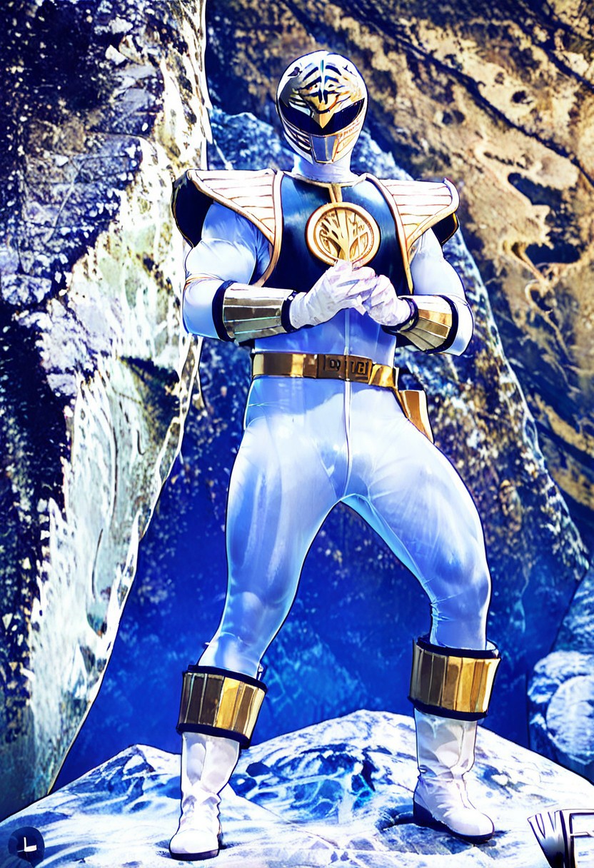 score_9, score_8_up, score_7_up 
   , masterpiece, beautiful,,1  male, standing, battle pose, muscle, rocky field, standing on rocks, TigermRanger, Tight suit, whie colored suit, white gloves,helmet,white and Gold helmet, glossy finish,gold belt, white boots,black colored vest with shoulder-pads, golden vambraces,shiny gold elements,sheath