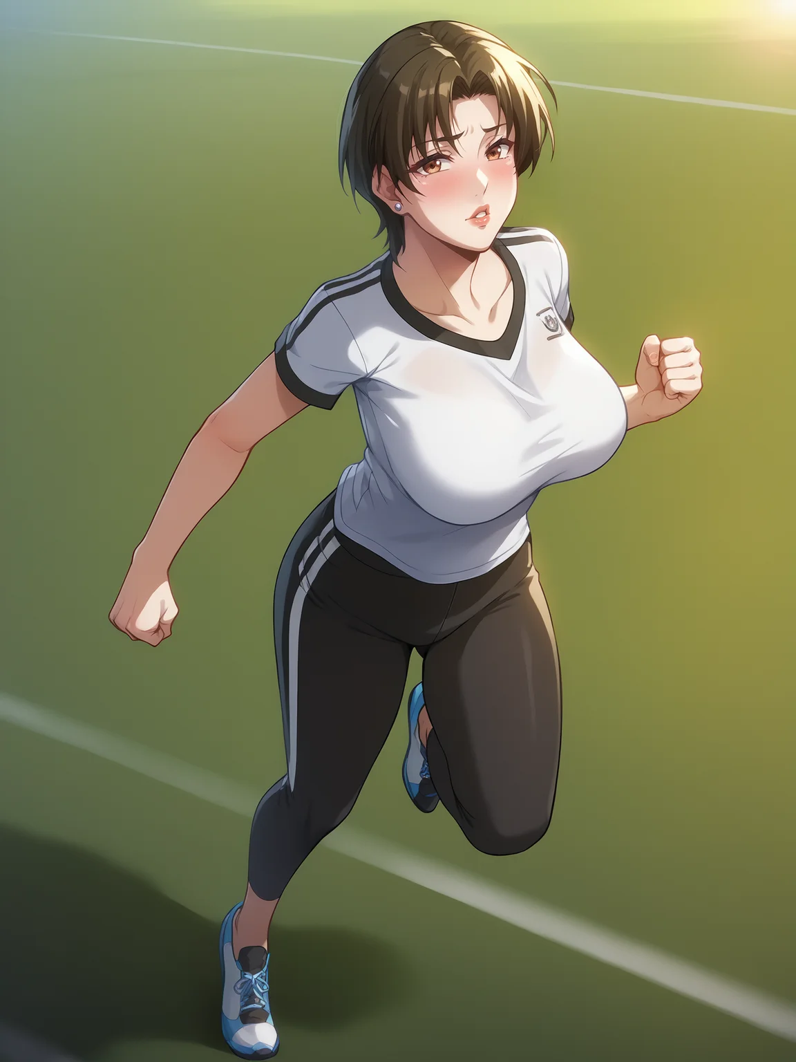 score_9, score_8_up, score_7_up, score_6_up, BREAK,
IkumiSunohara is running, clenched hands, full body,
1girl, mature female, solo,
looking at viewer, blush, parted lips, thick lips,
short hair, brown eyes, earrings, shiny, lips,
two-tone T-shirt, multicolored clothes, short sleeves, black yoga pants,
large breasts, thighs,
outdoors, outdoors, field, school, soccer field,
<lora:IkumiSunohara3216XL:1>