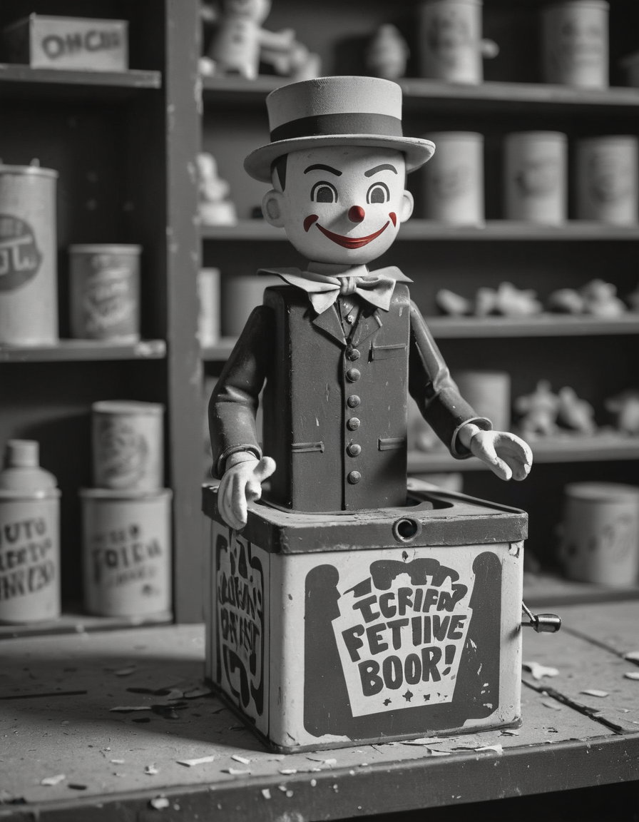 film noir style A vintage jackinthebox toy, its paint chipped and rusty from years of neglect, sits on a dusty shelf in an abandoned toy store, high contrast, vibrant colors, . monochrome, high contrast, dramatic shadows, 1940s style, mysterious, cinematic,