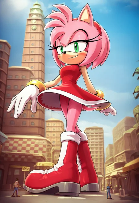 score_9, score_8_up, score_7_up, score_6_up, score_5_up, score_4_up, source_anime,  AmyRose, green eyes, pink fur, pink hair, animal ears, animal nose, white gloves, gloves, gold bracelets, red dress, red white striped boots, sleeveless, red headband, pink tail, walking down a street, giantess, large, macro, amazon, goddess, divine goddess, mega size, giga size, size difference, extreme size difference, full body shot, giantess full body shot, standing tall, towering tall, tall girl, tallgts, hand on hip, seductive smile, tight clothes, tight fit clothes, long legs, blushing, giggling, flirty, seductive, smirk, smug, cracks in the ground, imminent_stomp, imminent_crush, imminent_step, low angle, aerial view, sunshine directly behind giantess, casted shadow directly in front of giantess