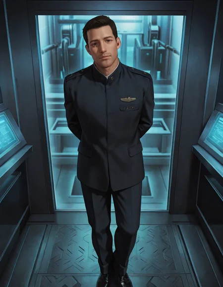 masterpiece, best quality, absurdres, newest, perfect quality, best quality, absolutely eye-catching, detailed background, intricate details, male focus, solo, realistic, <lora:Final Fantasy Spirits Within - Gray Edwards - Illustrious_1-000011:0.7>, g_edwards, 1boy, mature male, black hair, very short hair, brown eyes, stubble, uniform jacket, standing, looking at viewer, head tilt, laboratory, arms behind back, uniform pants, black shoes