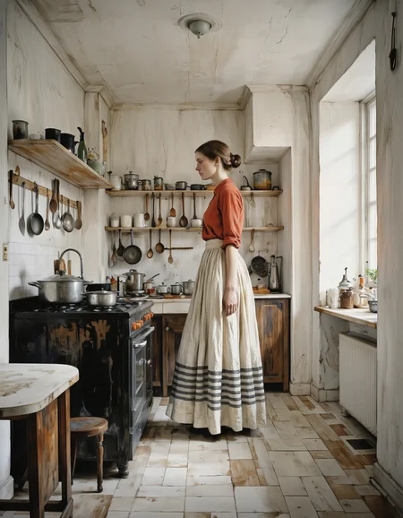 Inkquaria. A photo-realistic shoot from a profile camera angle about a woman standing in a rustic kitchen, wearing a long skirt and a red blouse, looking over her shoulder. the image also shows kitchen utensils and wooden spoons hanging on the wall, a stove with pots and pans on it, and a window with sunlight streaming in. on the middle of the image, a young woman with light skin and brown hair appears to be standing, facing away from the viewer, with her back to the camera. she has a slender physique and is wearing an orange blouse and a long, white skirt with black stripes. her hair is styled in a bun, and she is wearing a pair of earrings. the kitchen has a tiled floor, white walls, and wooden shelves with various kitchen items.