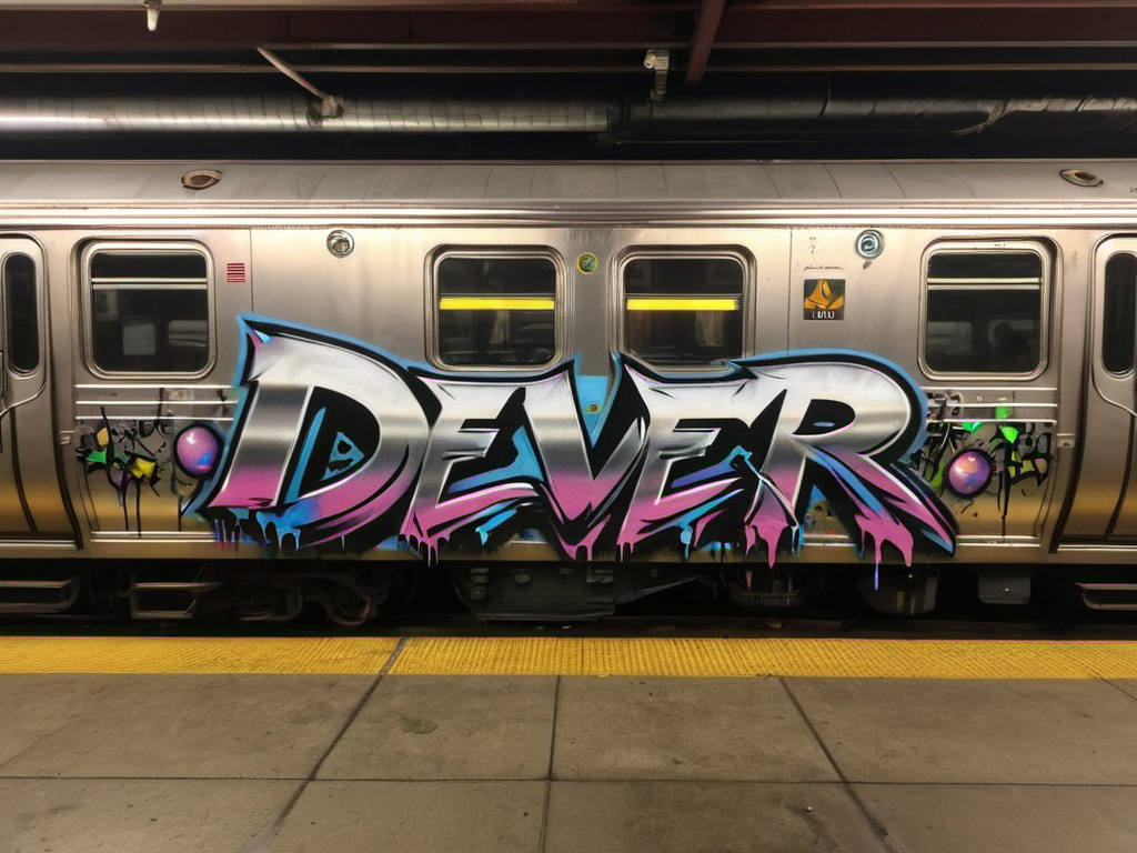 "DEVER" text logo <lora:Harrlogos_v2.0:0.69> ral-oilspill graffiti thick black outlines, chrome ral-oilspill bombing, thick lines <lora:ral-oilspill-sdxl:0.48> a new york subway train, standing in the yard in a the dark with rubbish on the floor, at night, dim light, (people with skimasks and dark clothing:2)