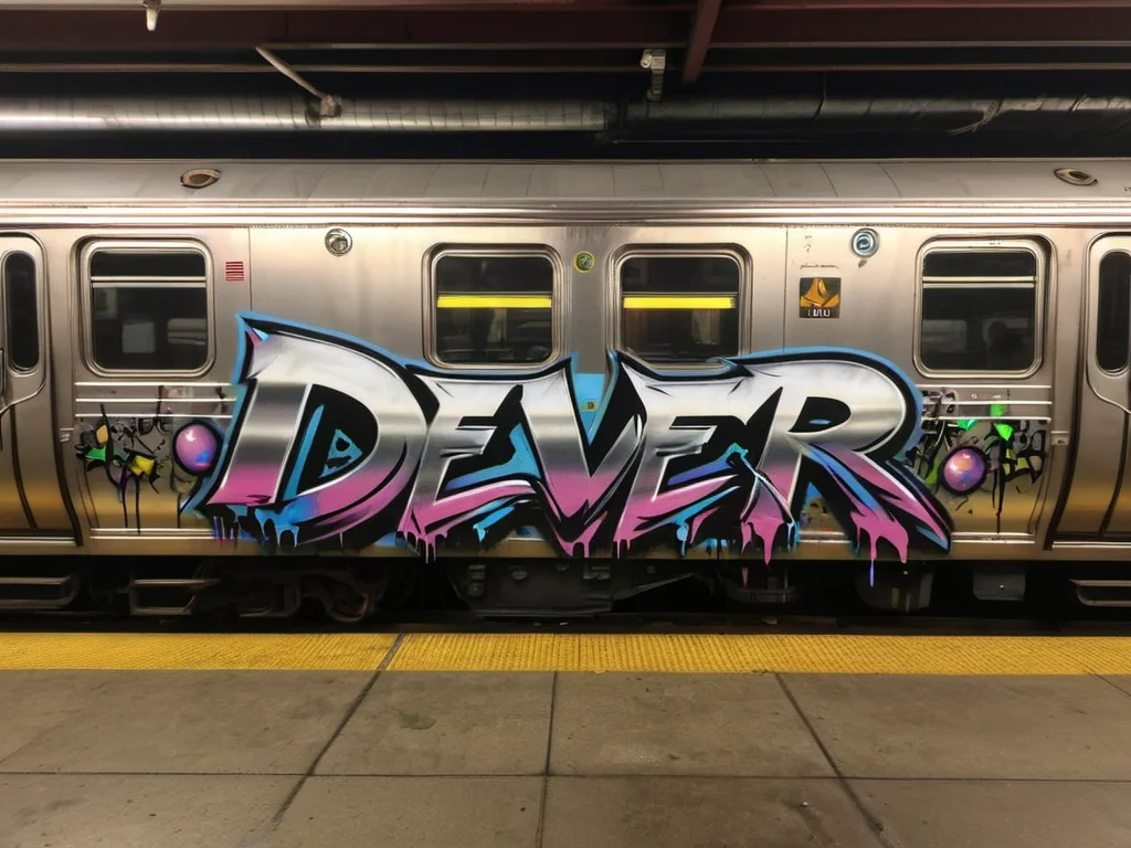 "DEVER" text logo <lora:Harrlogos_v2.0:0.69> ral-oilspill graffiti thick black outlines, chrome ral-oilspill bombing, thick lines <lora:ral-oilspill-sdxl:0.48> a new york subway train, standing in the yard in a the dark with rubbish on the floor, at night, dim light, (people with skimasks and dark clothing:2)