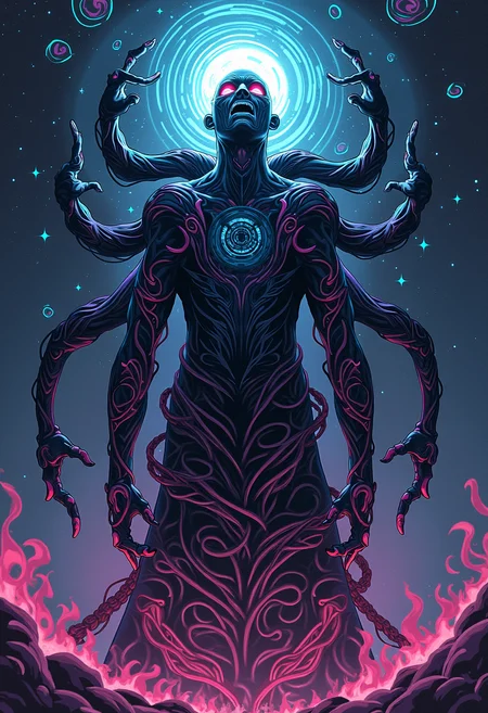 high quality, highly detailed, colorful, abstract, fantasy, fantasy background, The image is an abstract digital art piece that appears to be a surreal and mystical scene. It features a large, dark figure with multiple arms and legs that are intertwined with intricate patterns and designs. The figure is standing in the center of the image, with its arms stretched out to the sides and its head tilted upwards. The body of the figure is covered in a dark, swirling pattern of lines and curves, creating a sense of depth and mystery. The figure's face is illuminated by a bright blue light, which stands out against the dark background. Its eyes are glowing red, and its mouth is open, as if it is about to speak. The figures are surrounded by a halo of light, giving the impression that they are in a starry night sky. The background is filled with a variety of colors, including pink, purple, and blue, and there are also swirls, stars, and other celestial objects scattered throughout the image. The overall mood of the piece is mysterious and awe-inspiring., Illustration concept variant 1 v2<lora:FLUX\Enhancer\MysticFantasy.safetensors:0.8:0.8> <lora:FLUX\Enhancer\flux_vividizer.safetensors:0.8:0.8> <lora:FLUX\Style\Illustration concept variant 1 v2.safetensors:0.6:0.6>