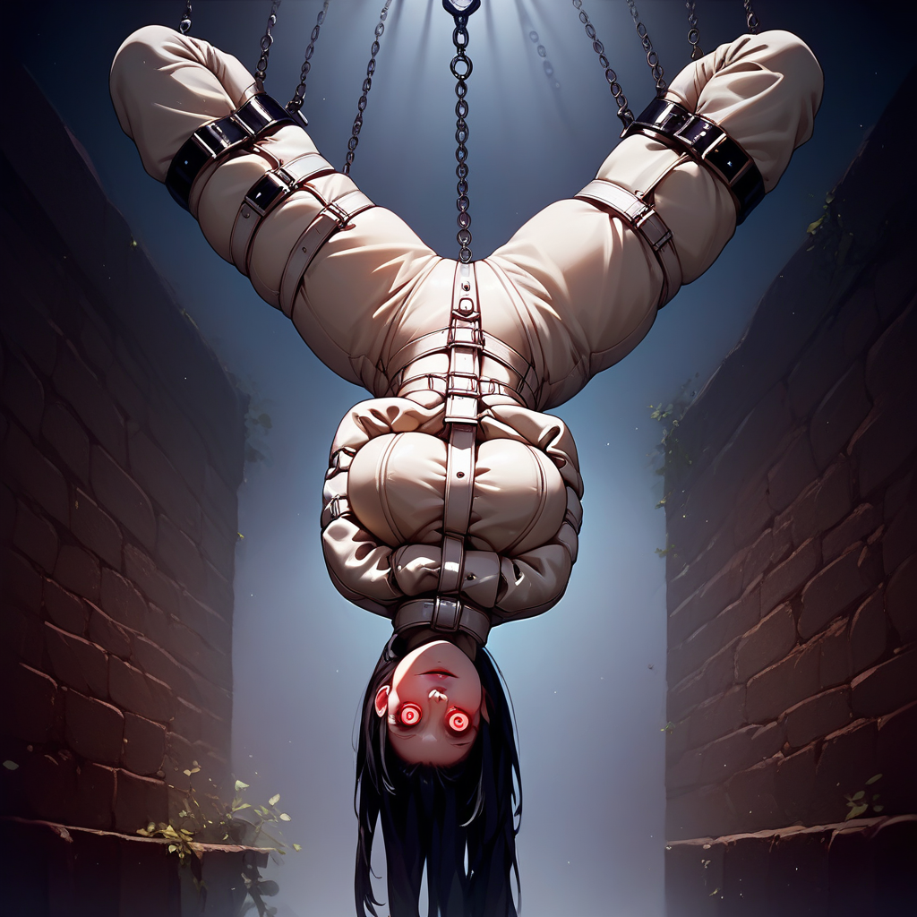 udsusp3nsi0n, score_9, score_8_up, score_7_up, score_6_up, score_5_up,, luminescent background, extravagant background, detailed background, hyperdetailed, dark background, dark dungeon, dungeon cell, behind iron bars, beautiful woman, evil woman, beautiful face, voluptuous, empty_eyes, looking at viewer, tight muzzle on face, curvy, thick, huge breasts, wide hips, black hair, long hair, beautiful hair, straitjacket, restrained in straitjacket, 1woman, hanging_suspension, suspension, bound_wrists, straight_legs, hanging upside down, upside-down, hanging from ceiling, chains, bondage, bdsm, ruanyi0694, upside-down, suspension, bondage,  female focus, close up