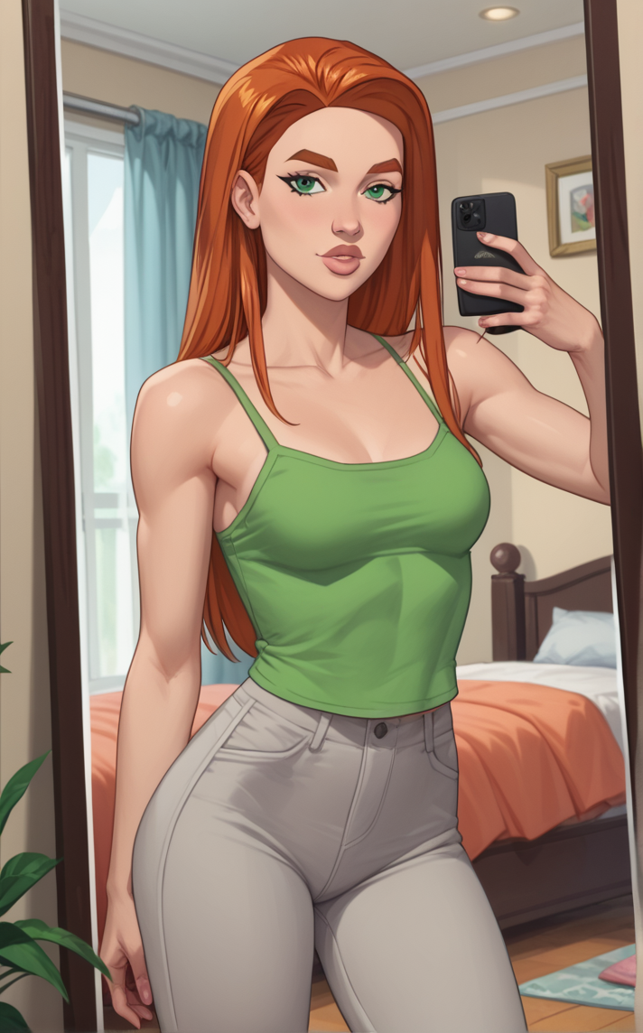 score_9, score_8_up, score_7_up, absurdres,an image of a person taking a picture of themselves in a mirror with a cell phone in front of them, looking at viewer, indoors, bedroom, curtains, full-length mirror, blurry background, depth of field,  <lora:PONYXL_Invincible_AtomEve_ownwaifu:0.85>, BREAK GreenTankTop_AtomEve_ownwaifu, 1girl, orange hair, shiny hair, straight hair, eyelashes, green eyes, long hair, nose, thick eyebrows, thick lips, bare shoulders, breasts, collarbone, green tank top, grey pants, camisole,     <lora:add-detail-xl:0.15>,