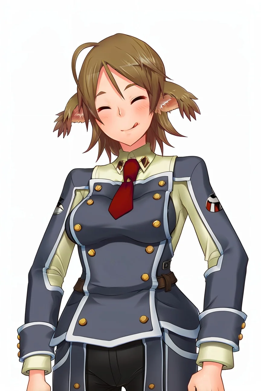 score_9, score_8_up, score_7_up, score_6_up, score_5_up, score_4_up, BREAK, <lora:cmarket0826-sdxl-000028:1>, noa riads, 1girl, solo, breasts, blush, smile, short hair, simple background, brown hair, long sleeves, animal ears, dog ears, medium breasts, closed mouth, closed eyes, ahoge, cowboy shot, red necktie, short nectie, black pants, blue jacket, military uniform, ^_^, hand on own chest, white background, double-breasted, yellow shirt, buttons, facing viewer, swept bangs, licking lips